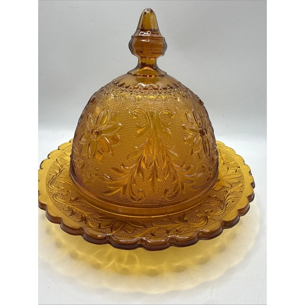 Tiara Amber Sandwich Indiana Covered Lidded‎ ROUND DOMED BUTTER CHEESE DISH